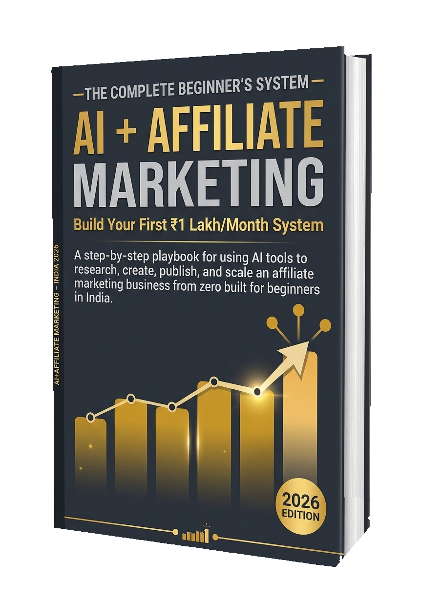 3D cover of the ebook AI + Affiliate Marketing — Build Your First ₹1 Lakh/Month System, The Complete Beginner's System, 2026 Edition